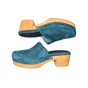 Charlotte Stone Teal Suede Wooden Heel Clogs